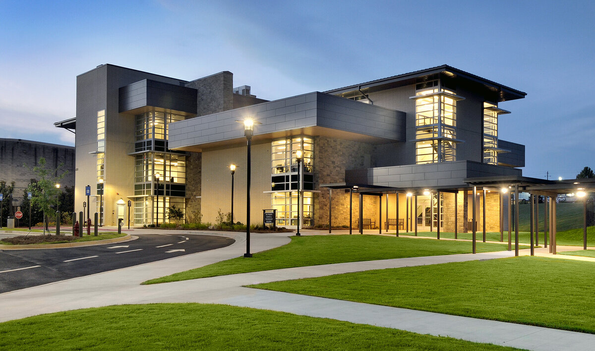 exterior view at dusk at The Walker School Warren science & technology building