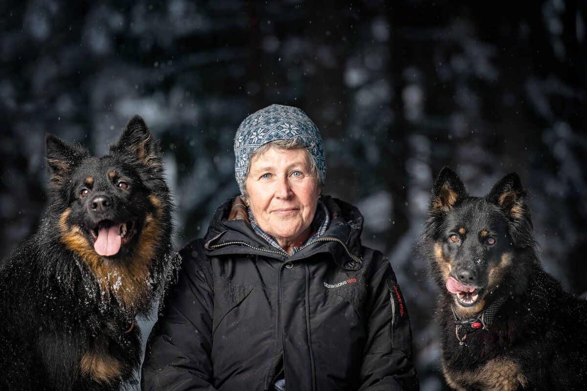 Hundfotografering av två hundar och deras matte