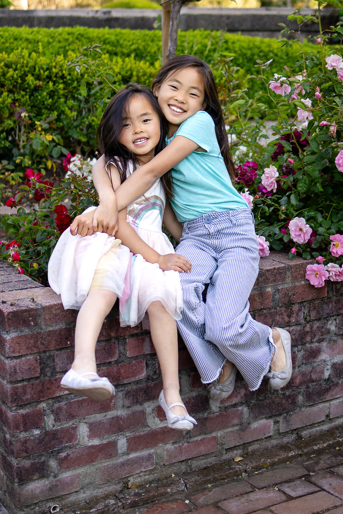 Golden hour portrait of a sisters two daughters girls hugging in rose garden – joyful, natural light family photography by Ellobelle Photography in the San Francisco Peninsula kohl mansion Burlingame