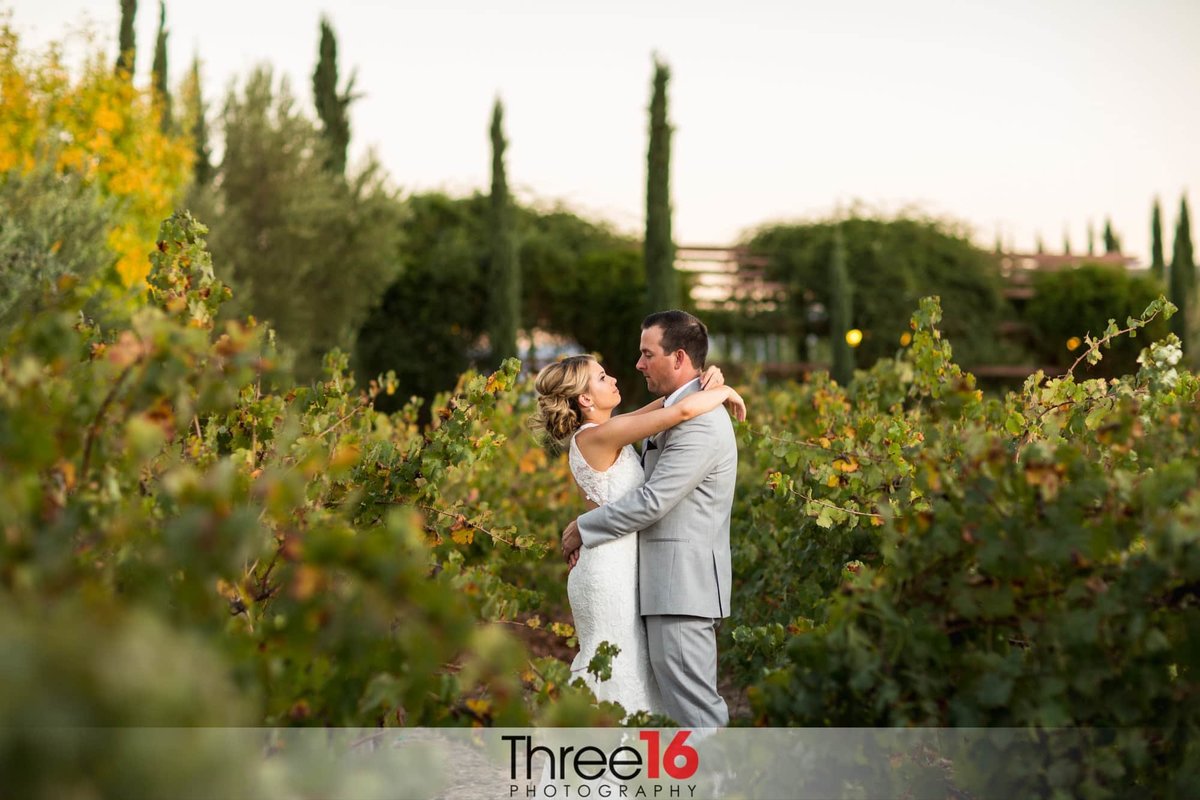 Tender moment for Bride and Groom as they embrace and gaze at each other in a field of shrubs