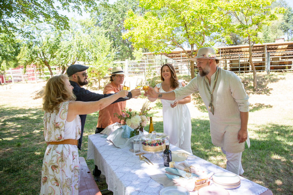 A group of people hold glasses up and cheers over a picnic table with wedding reception food on it.
