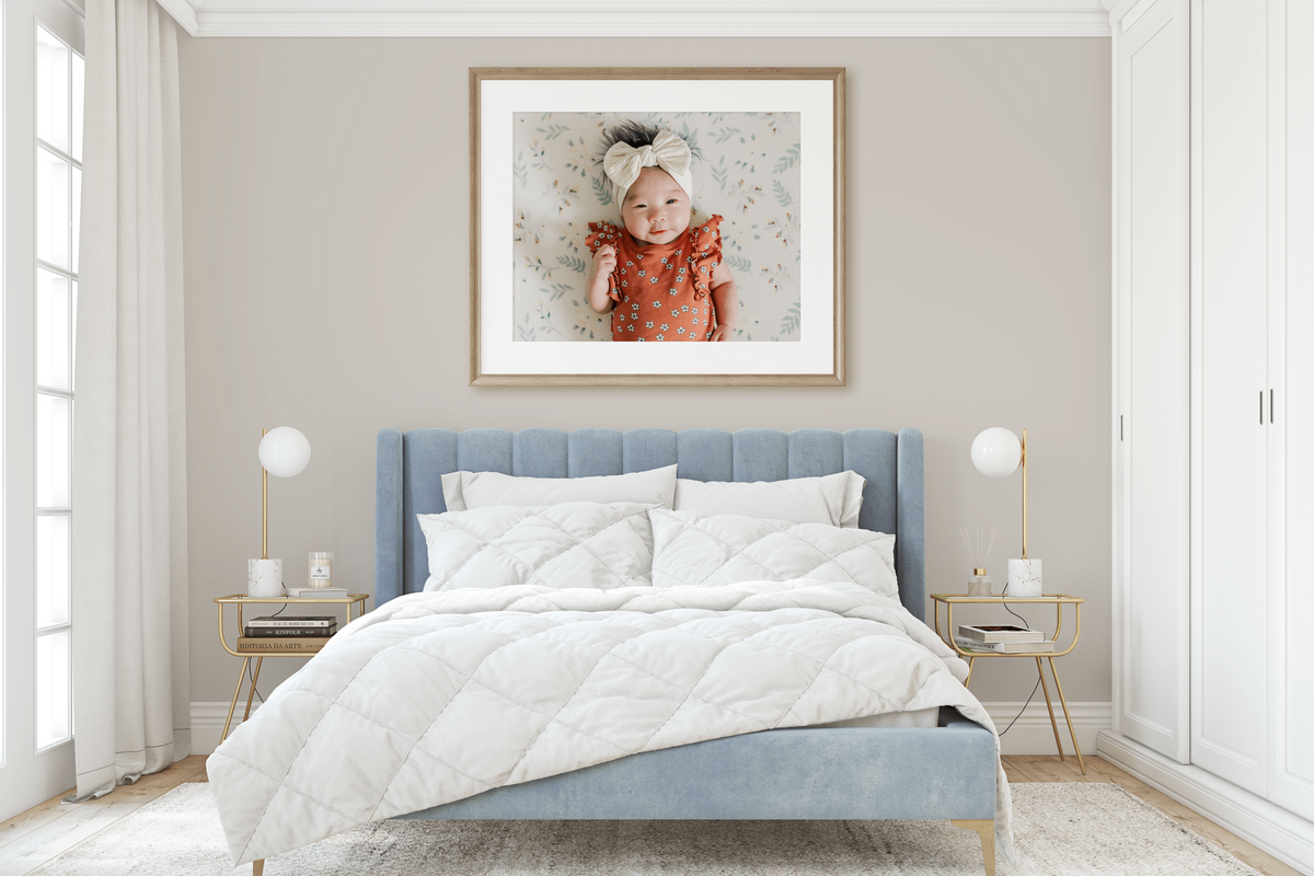 A blown up fine art photo print in a bedroom