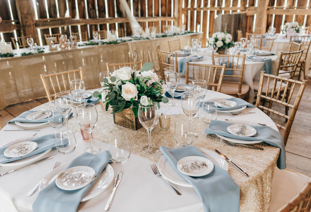 Glamorous white, blue, and gold themed wedding reception at Willow Creek Barn photographed by Nova Markina