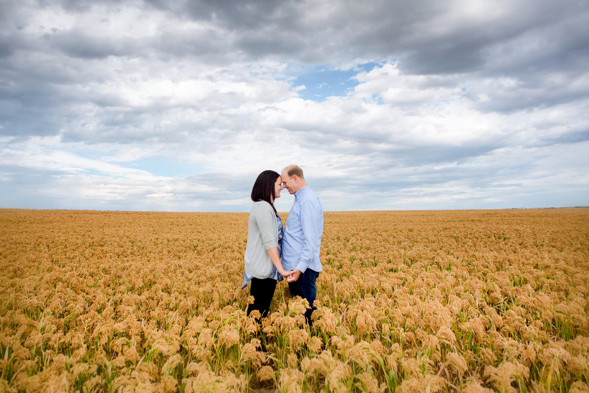 field of gold engagement photo of couple
