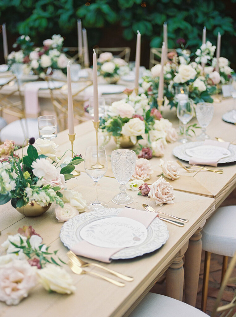 Classic and elegant wedding  reception tablescape with blush roses, greenery and gold details, captured by Jenny Jean Photography, timeless and elegant wedding photographer in Edmonton, Alberta. Featured on the Bronte Bride Vendor Guide.