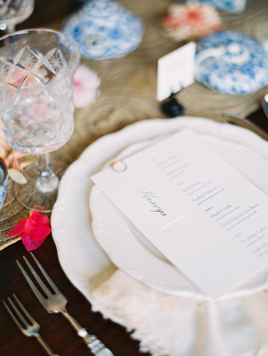 Modern Wedding Menu Crystal Wine Glasses Fine Art Film Photographer Bonnie Sen Photography