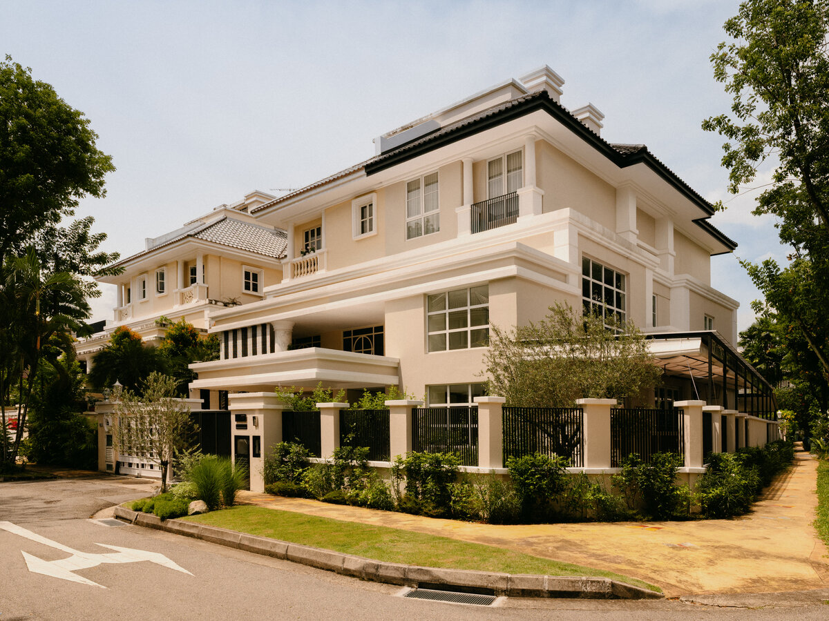 Beige, rustic and modern exterior of a landed house in Singapore. Luxurious interior and architectural design.