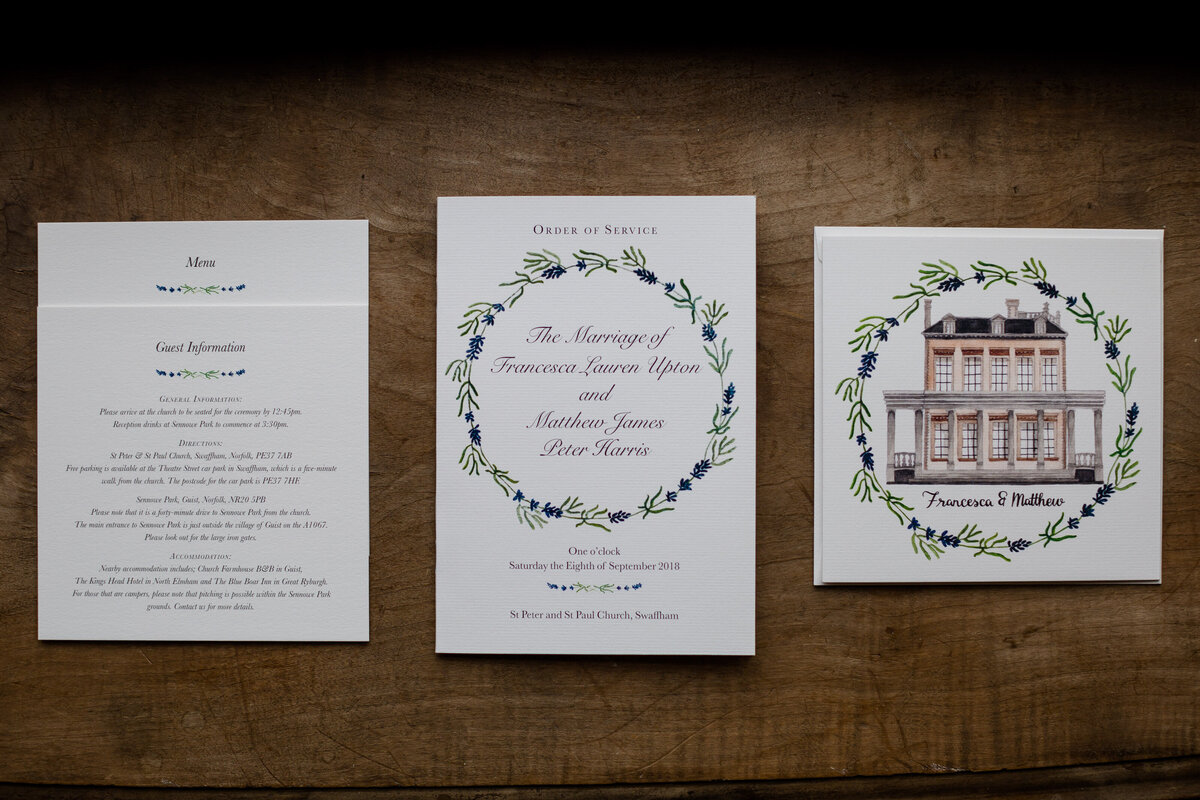 A flat lay of wedding invitations