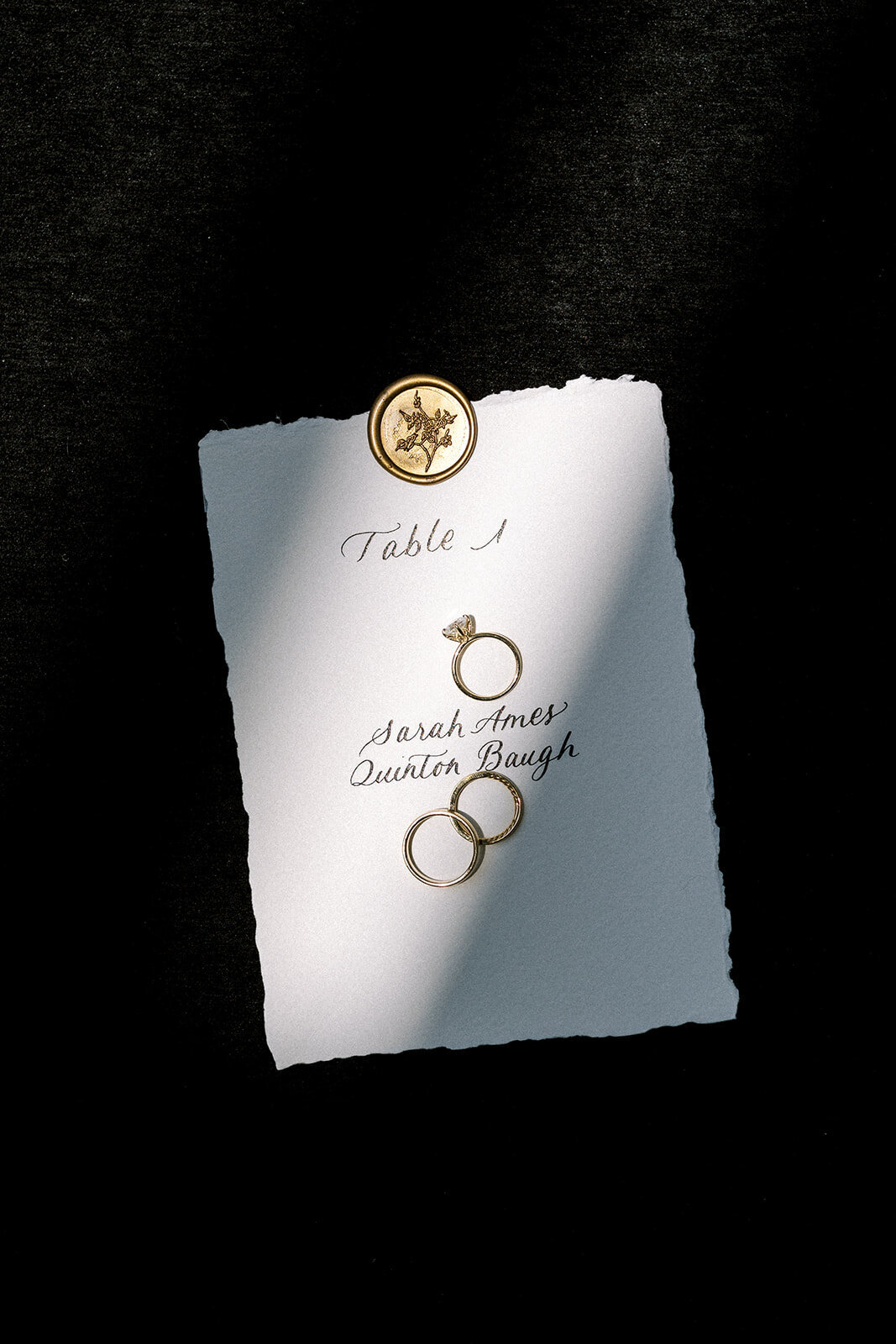 Wedding Photography, close up shot of bride and grooms rings on their invitation stationary