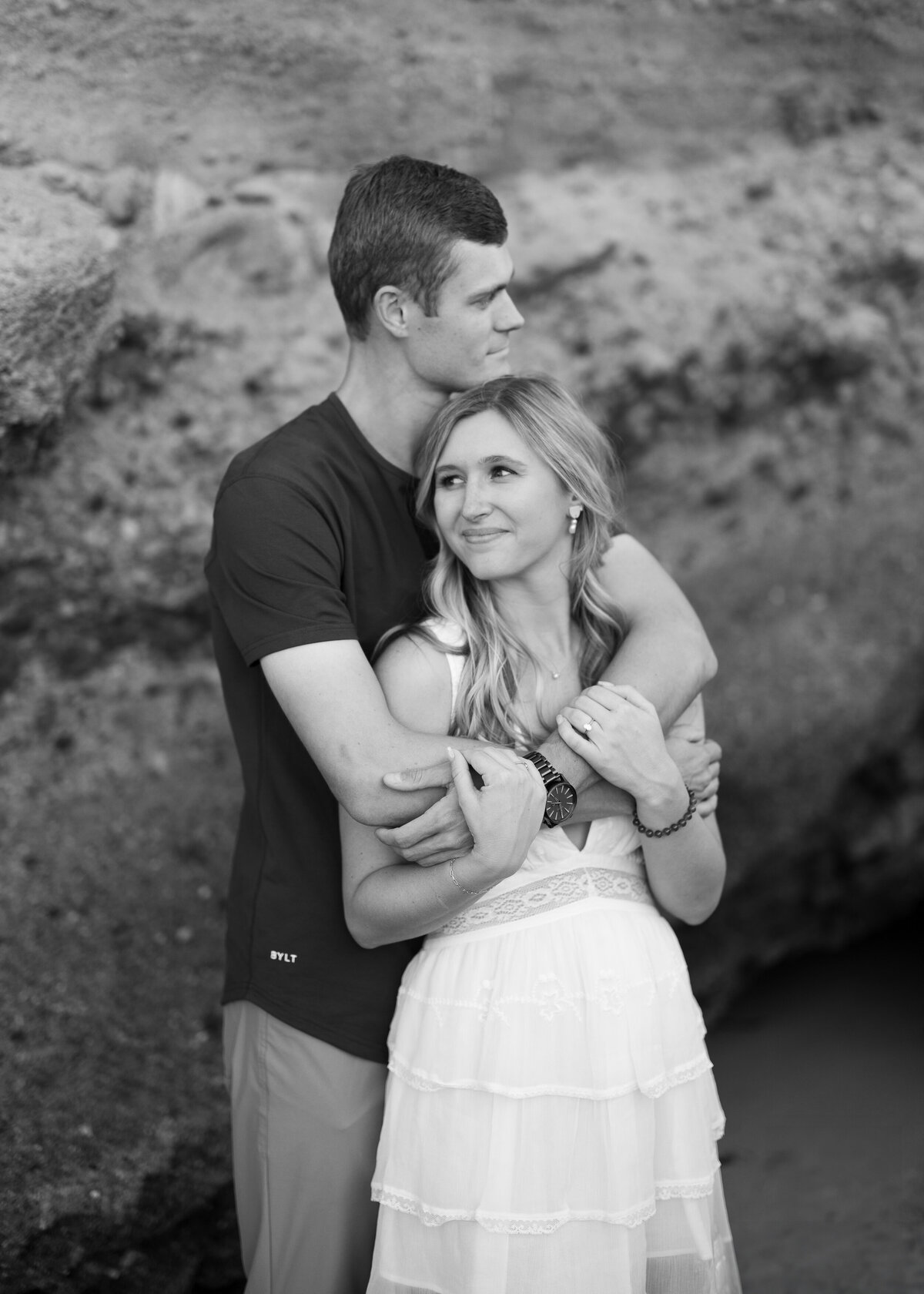 moody black and white engagement photo