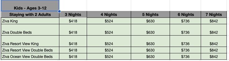 Pricing Chart for Child ages 3-12, staying with 2 Adults