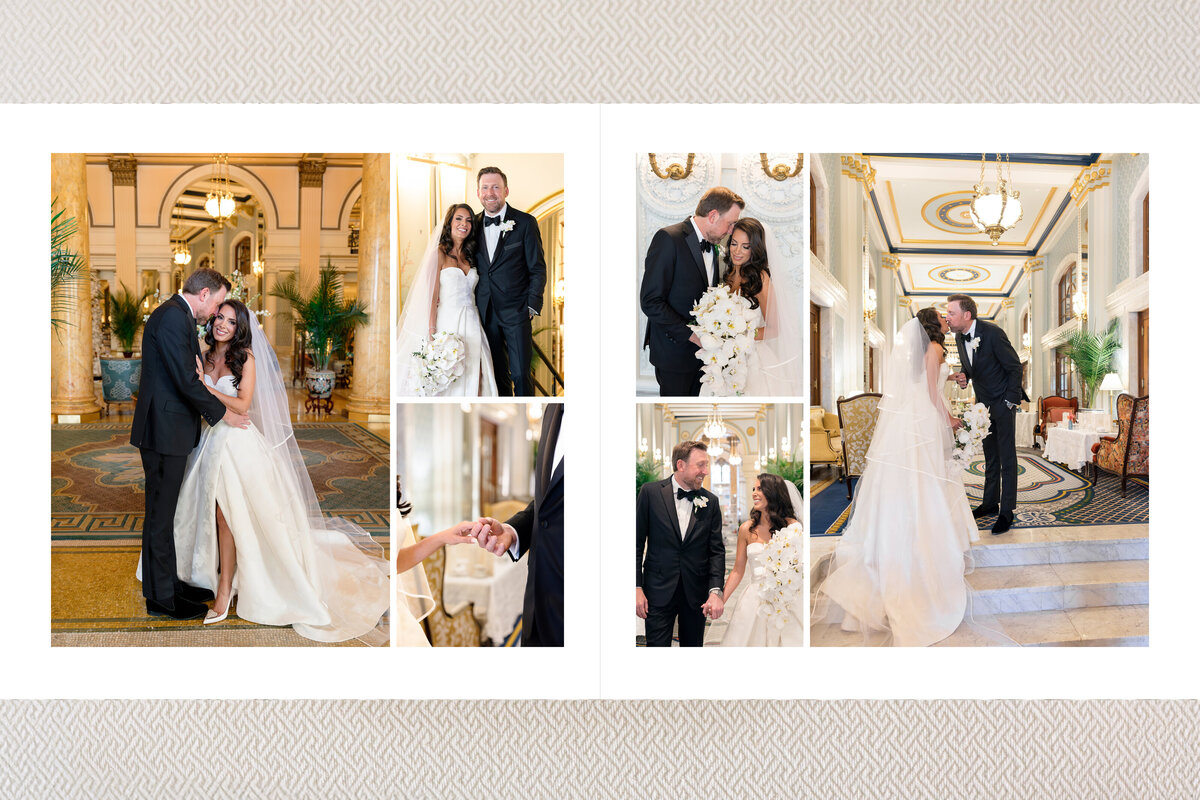 A bride and groom in formal attire pose inside an elegant venue with ornate ceiling and architectural details. They share moments on a staircase and in a grand hallway, with close-ups of their rings and bouquet.