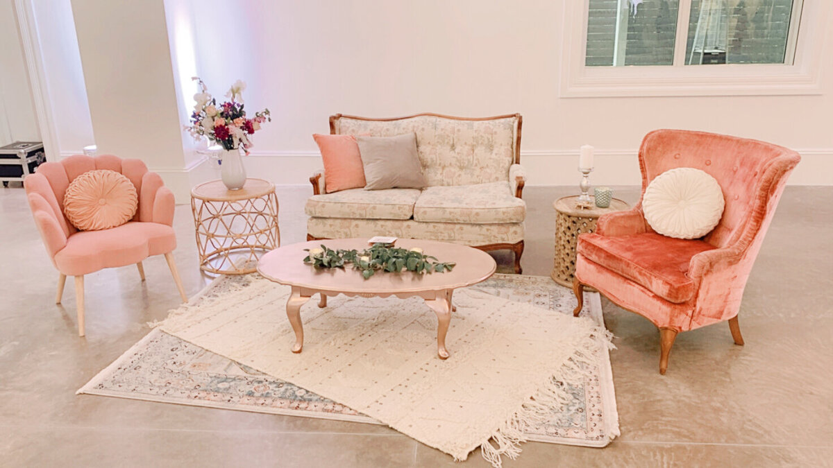 Vintage lounge rental pink velvet settee vintage chairs
