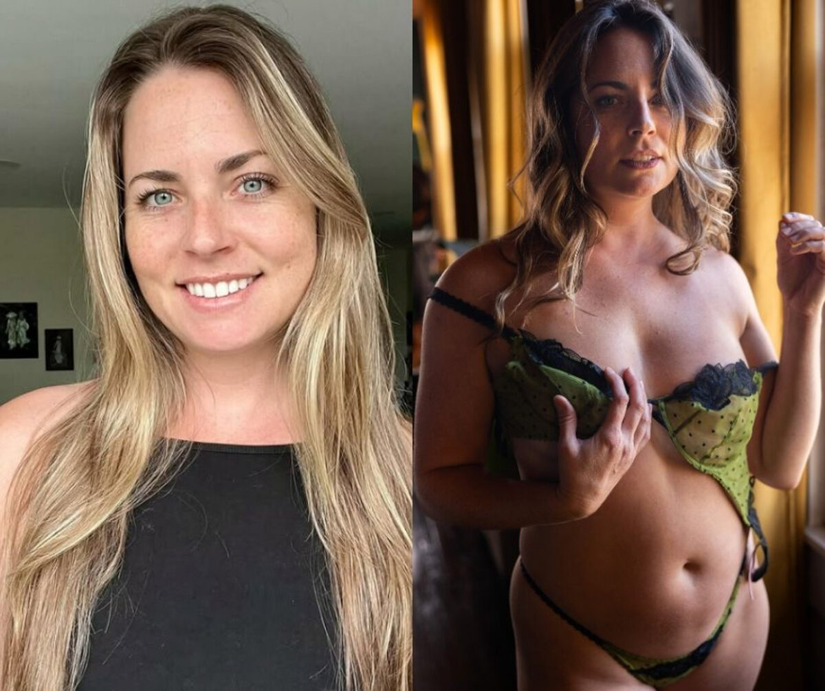 A before and after image set of a blonde woman smiling in a black top next to her during her session in green lingerie standing in a window