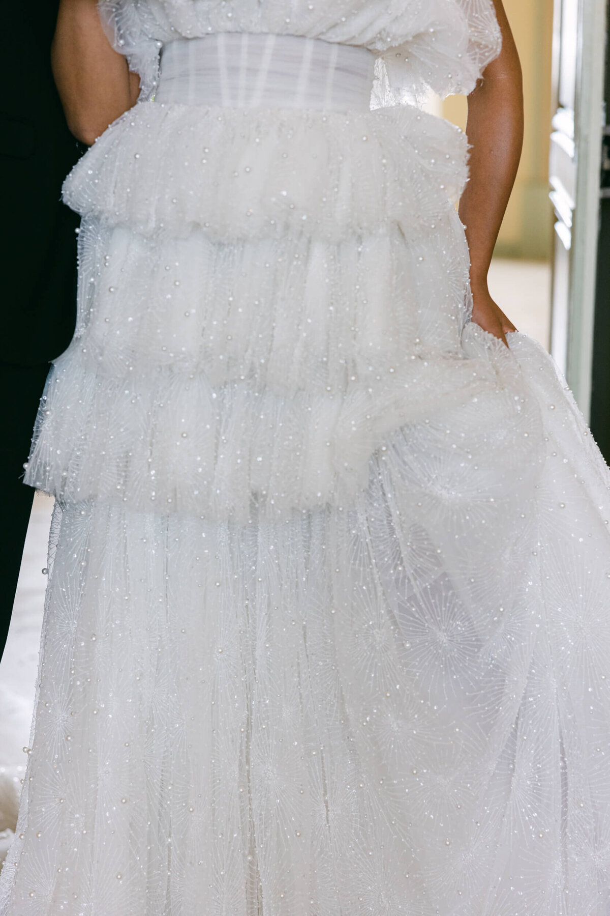 A wedding day photo of a bride in her white wedding dress at  Chateau Du Grand Luce in France