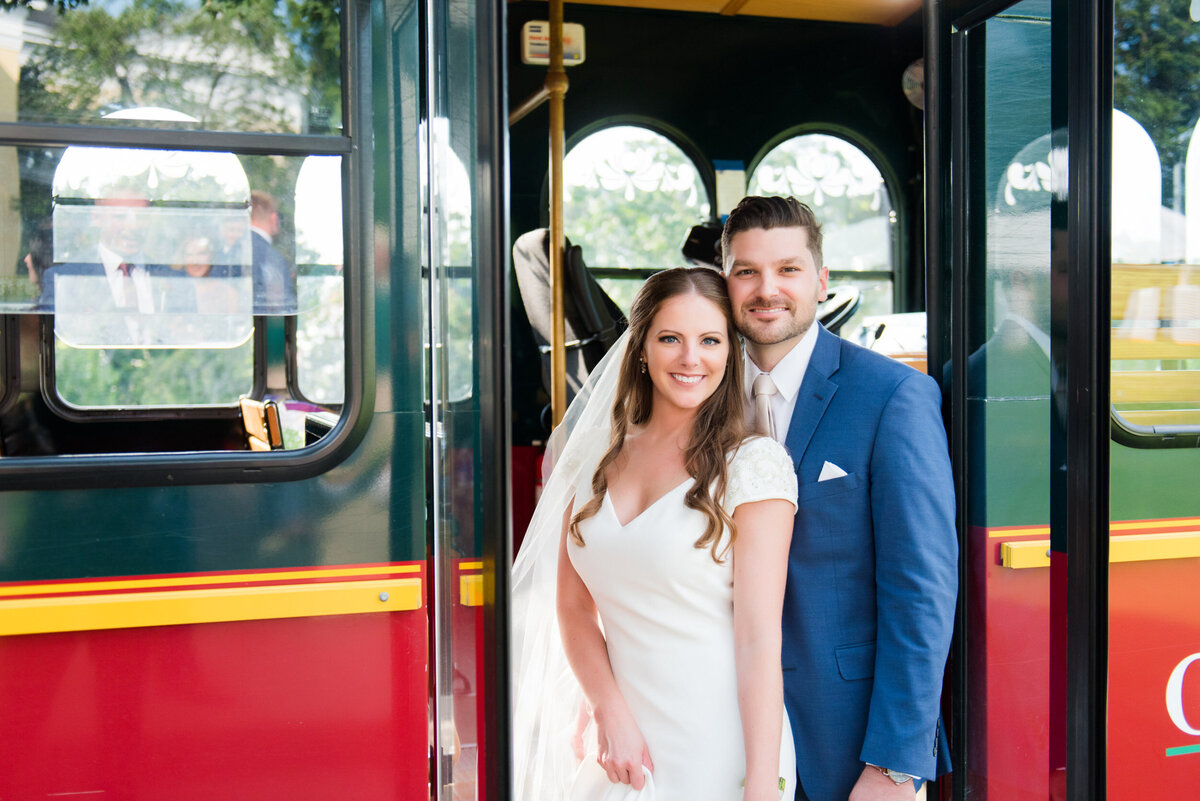 wedding photography of a married couple and the oglebay resort trolley