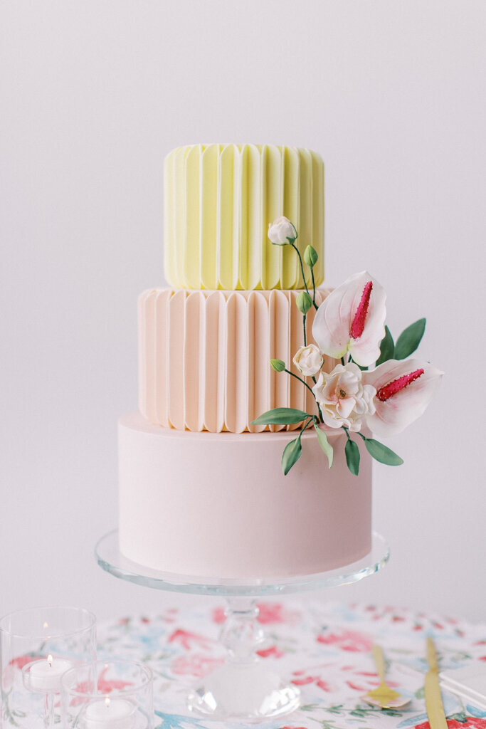 Colourful Spring inspired 3-tier wedding cake by Bake My Day, contemporary cakes & desserts in Calgary, Alberta, featured on the Brontë Bride Vendor Guide.