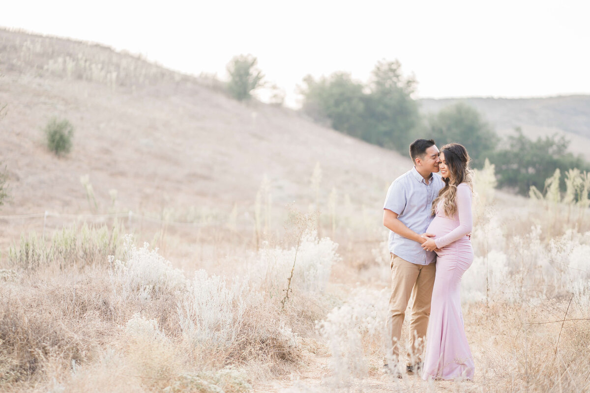 Pregnant woman in pinkblush maternity dress holding belly while the husband kisses her cheek in a golden field of dry grass