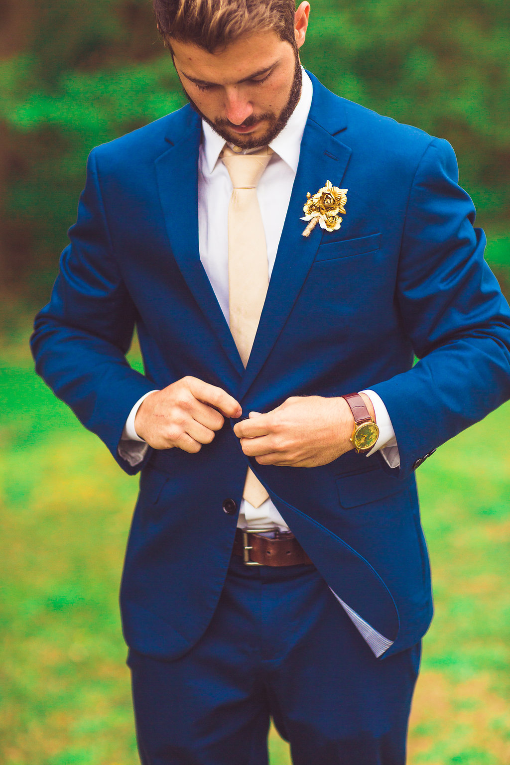 Wedding Photograph Of Man Buttoning His Blue Suit Los Angeles