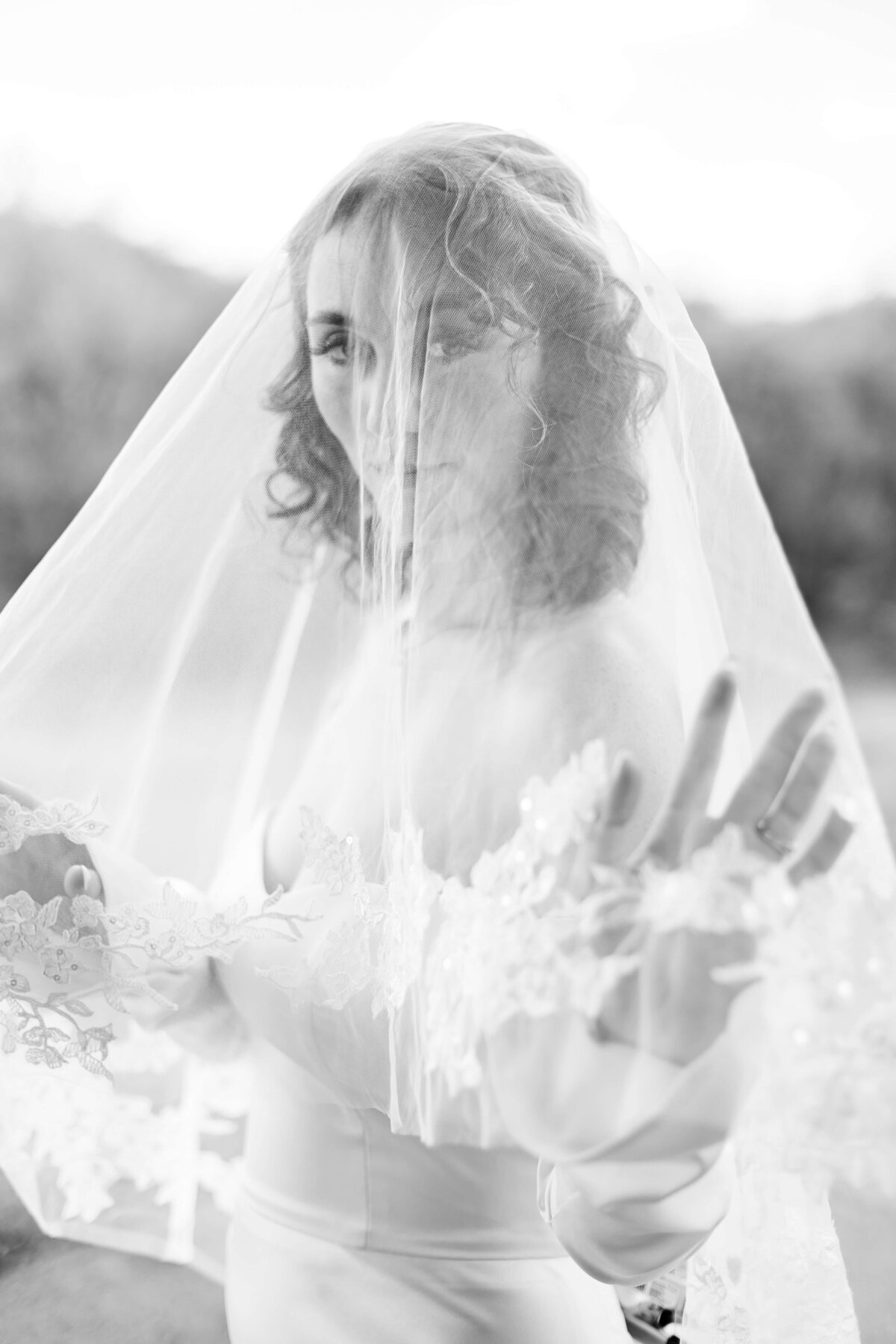 Bride under a veil wearing a lace dress