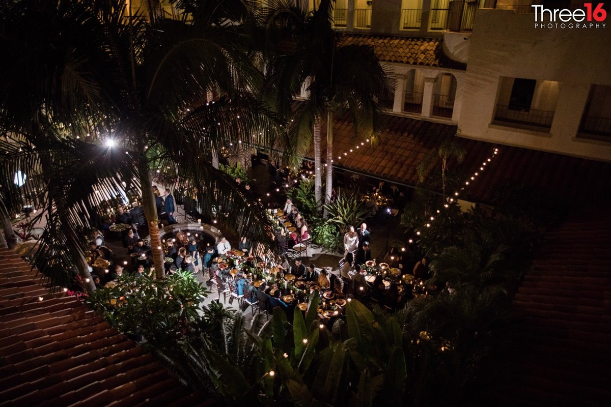 Nighttime aerial view of a wedding reception at the Villa del Sol in Fullerton
