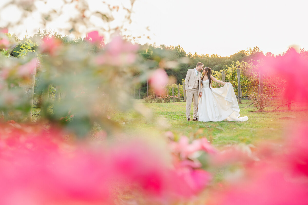 bride and groom nose-to-nose surrounded by the roses of Dugarn Vineyards