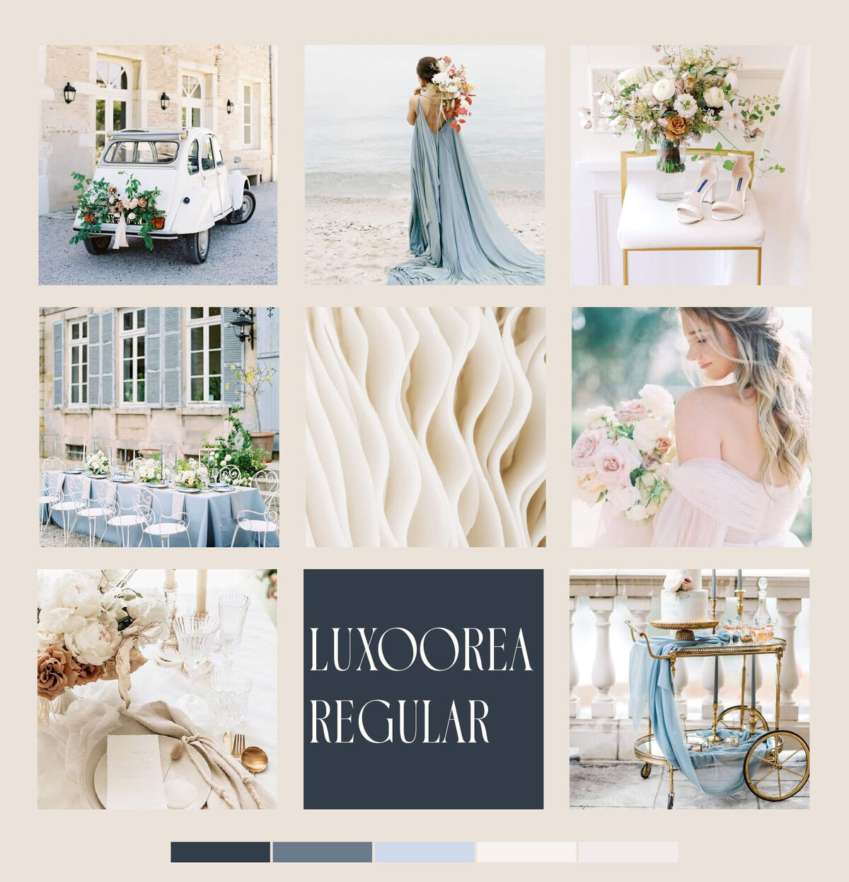 Brand moodboard for wedding photographer with romantic and refined tones