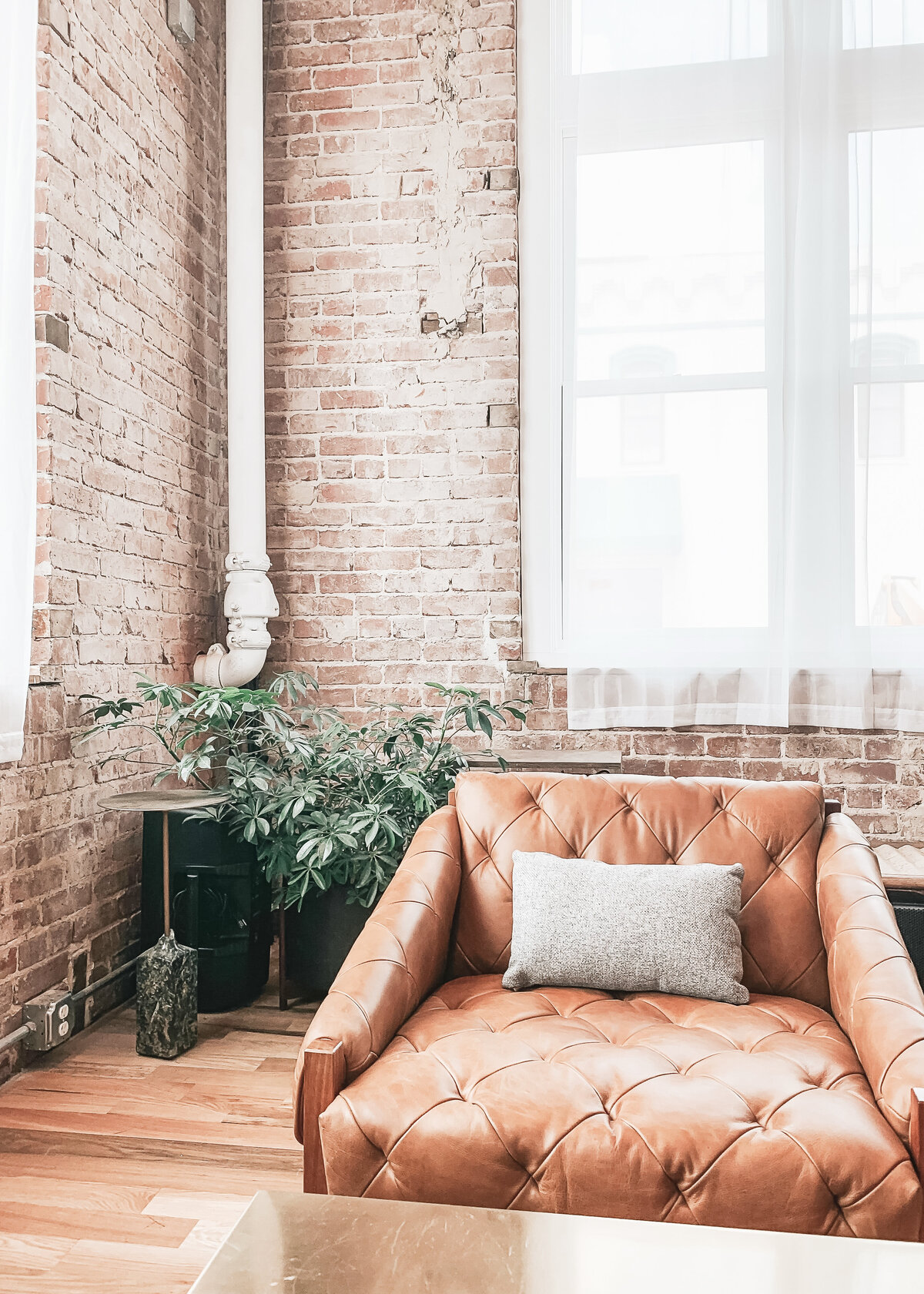 A leather chair sits against a brick wall in a light interior with a plant behind.