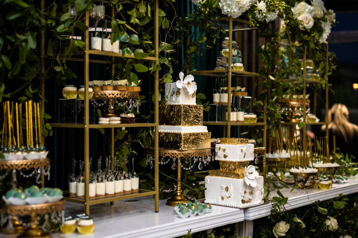 emerald-green-gold-luxury-reception-dessert-bar-cake-pops-cupcakes-greenery