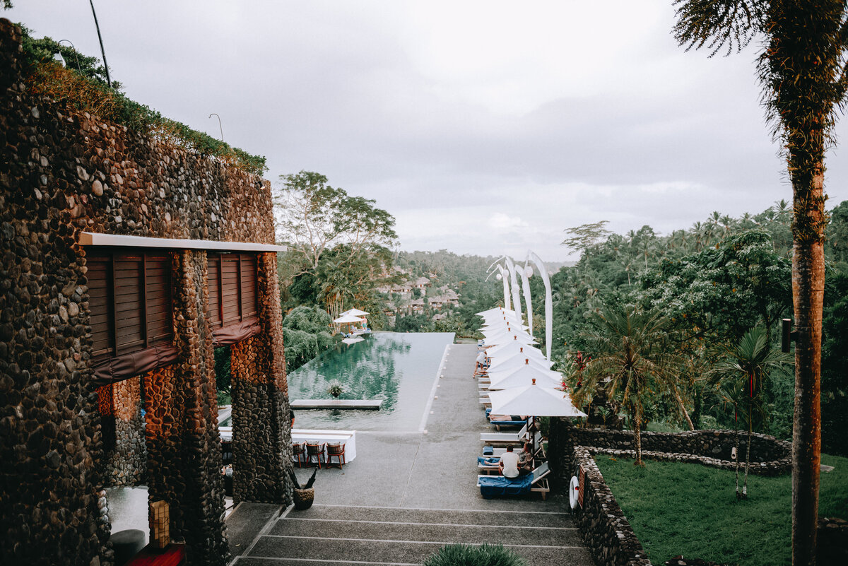 view of hotel pool in Ubud, Bali getting ready for wedding ceremony