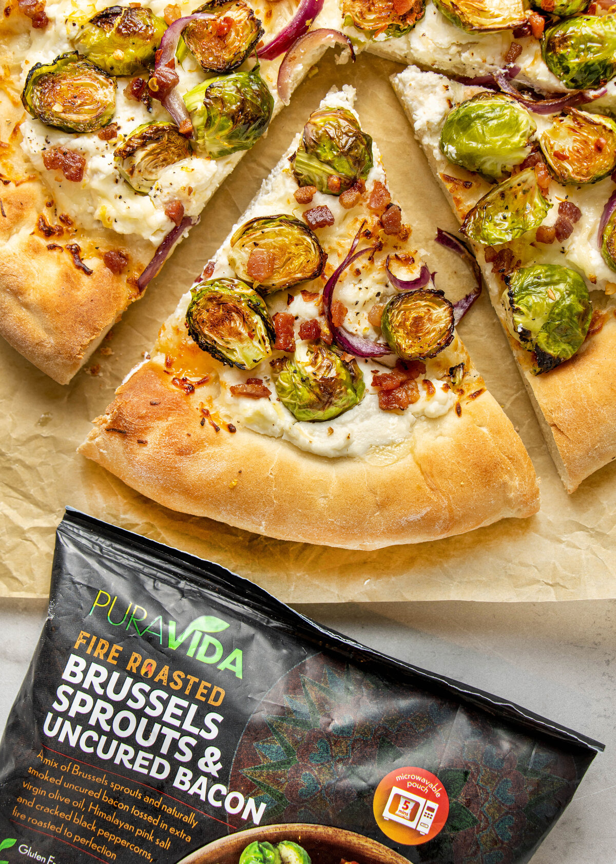 PuraVida brussels sprouts and bacon pizza