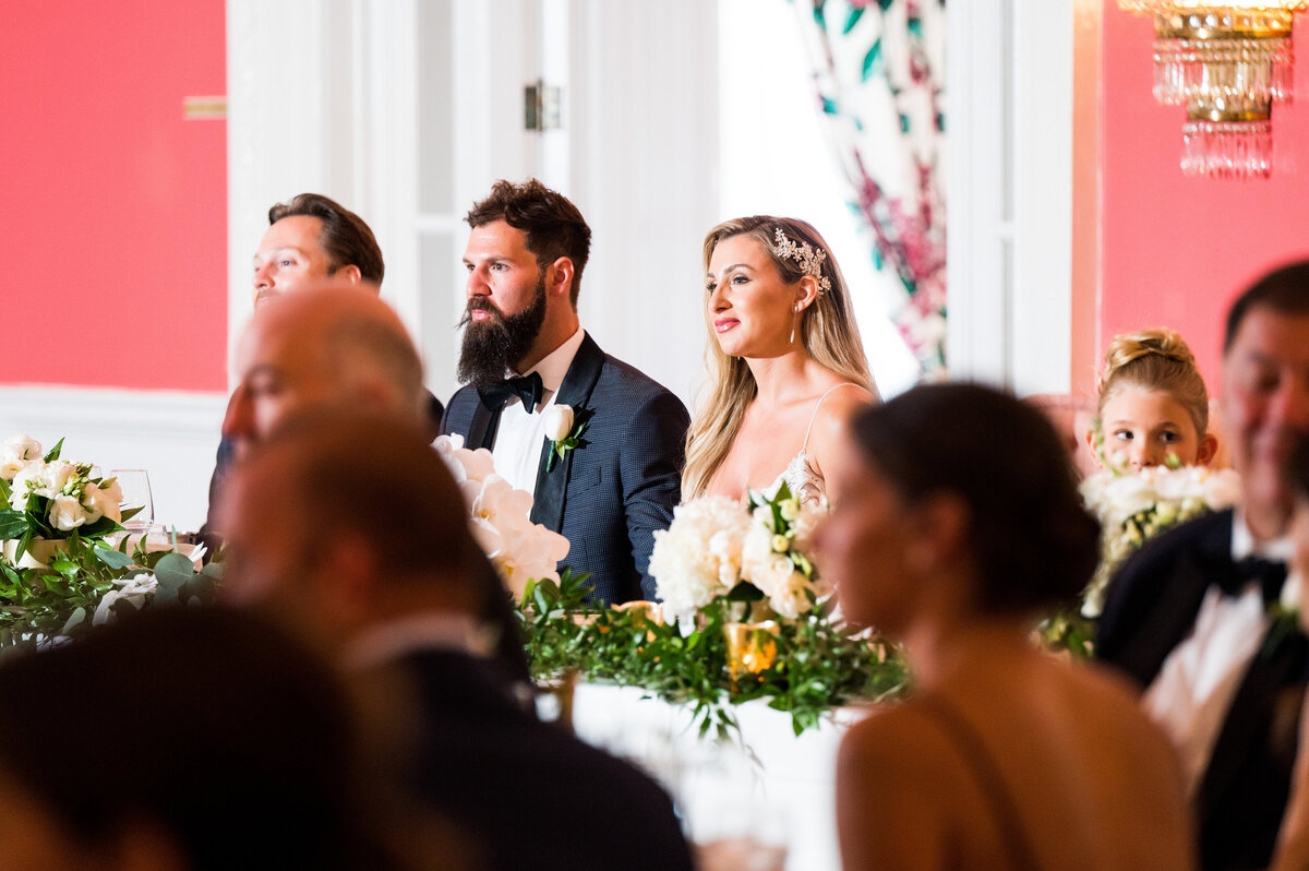 bride and groom listening to toasts at greenbrier resort wedding reception