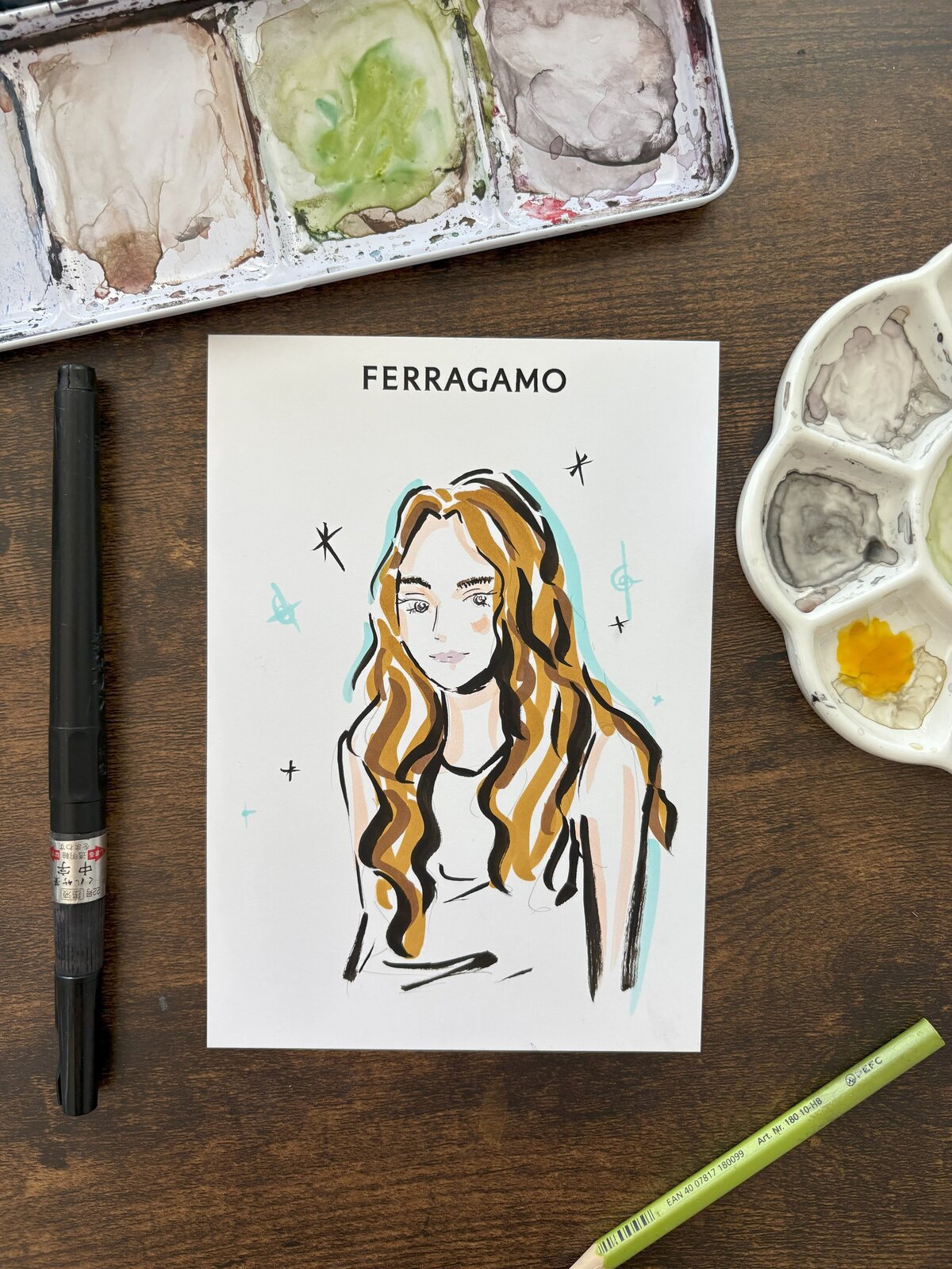 personalized guest portrait illustrated live at Ferragamo boutique activation