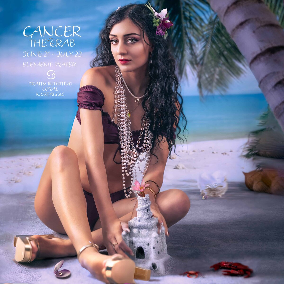Cancer woman sitting on beach with sand castle and palm trees 
