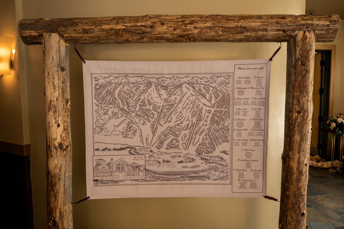 Custom Vail map seating chart  for a wedding reception.