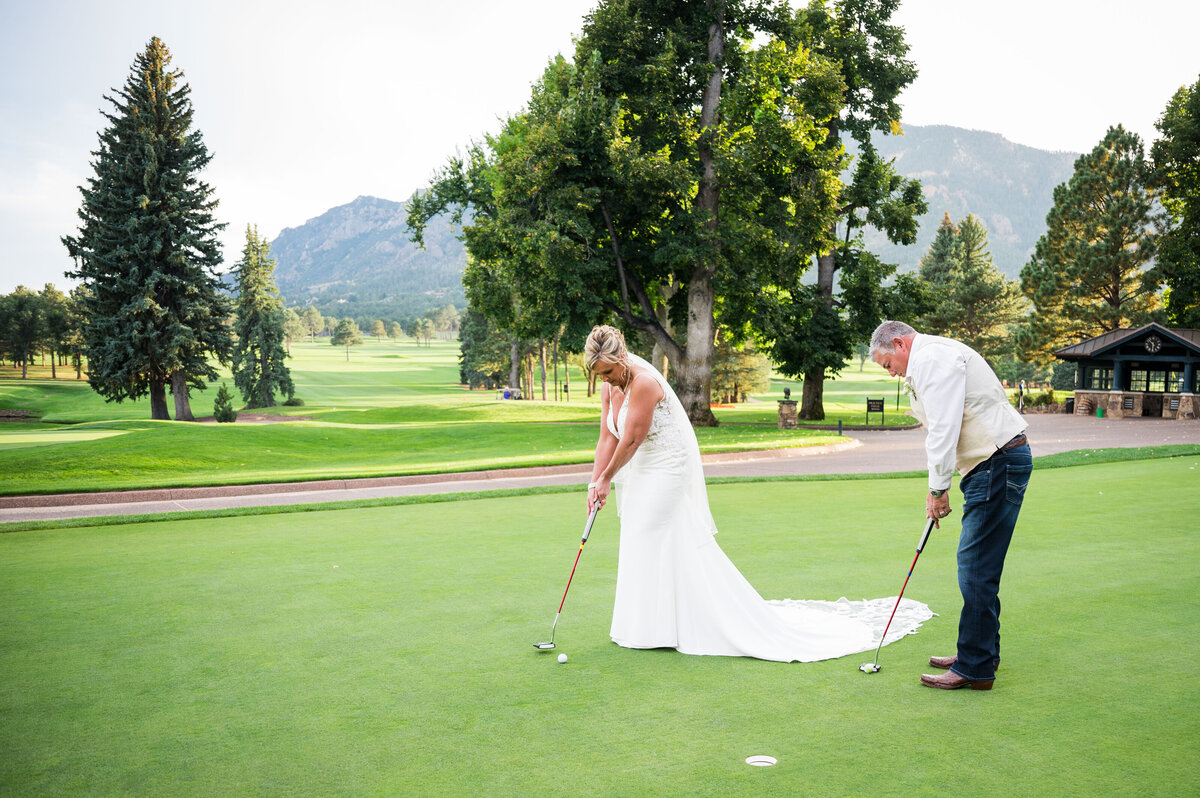 A bride and groom putt some gold balls together at The Broadmoor Hotel in Colorado Springs.