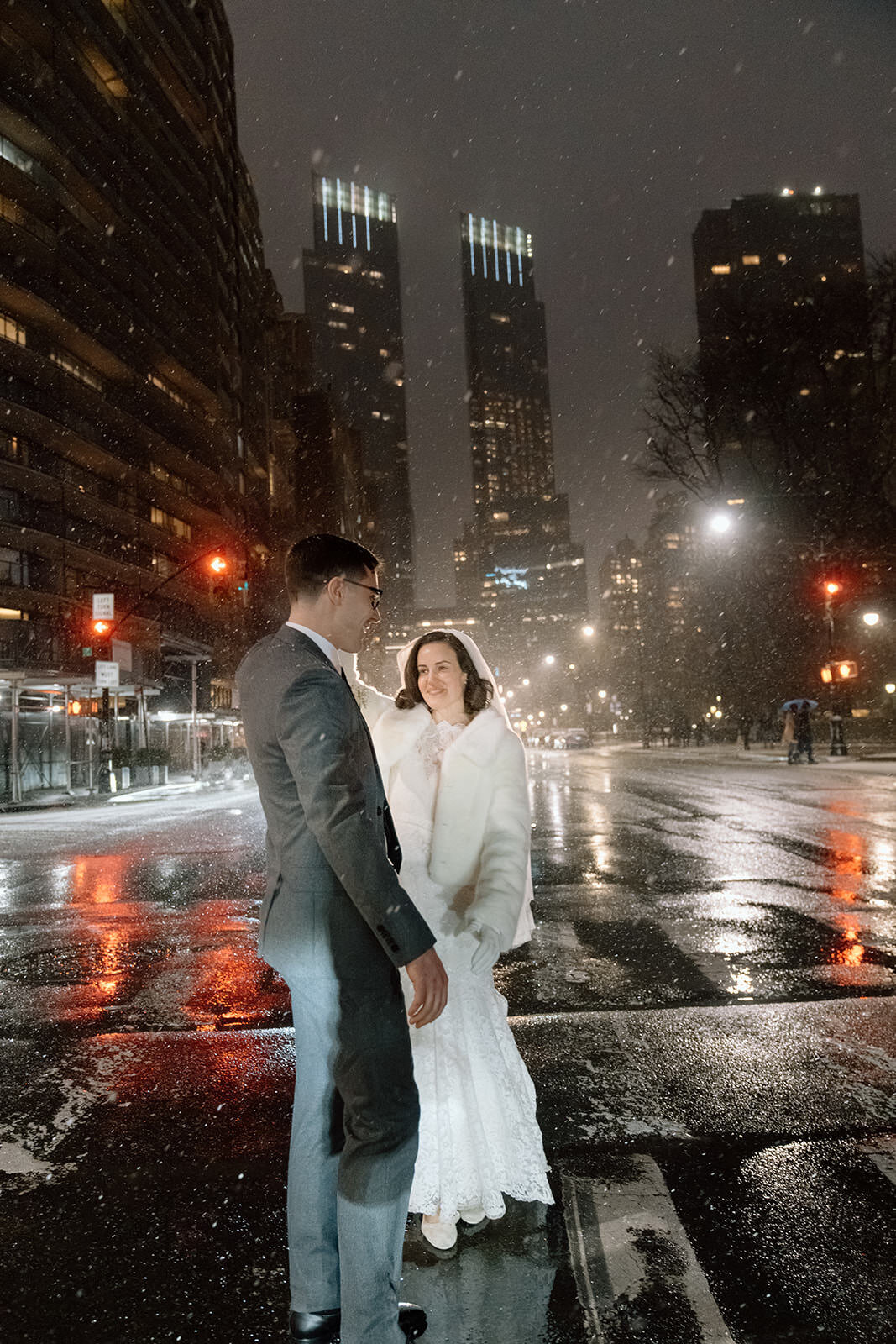 Snowy night time wedding portraits New York City wedding | Oduma photography-31