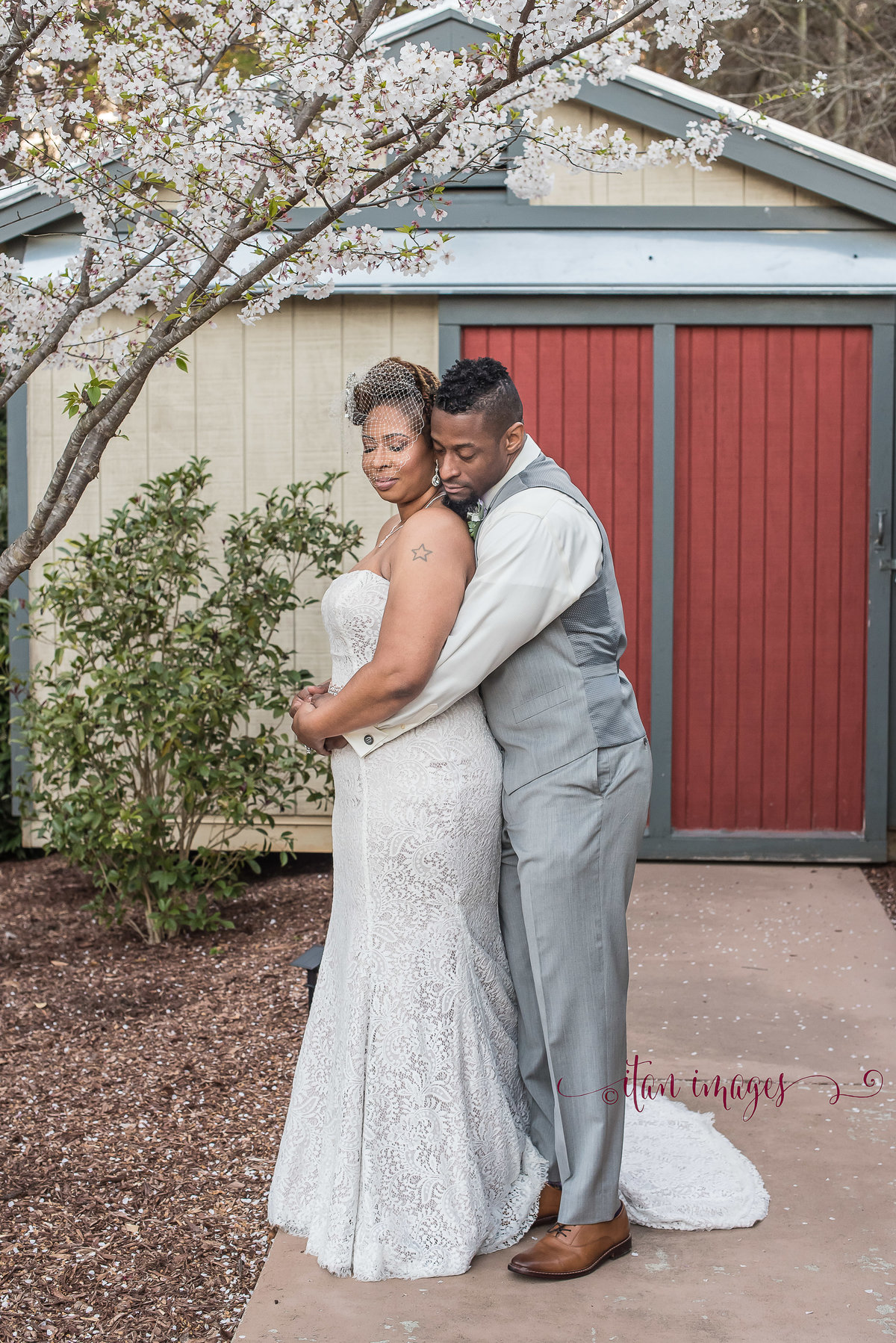 bride and groom hugging under a tree in front of a red barn