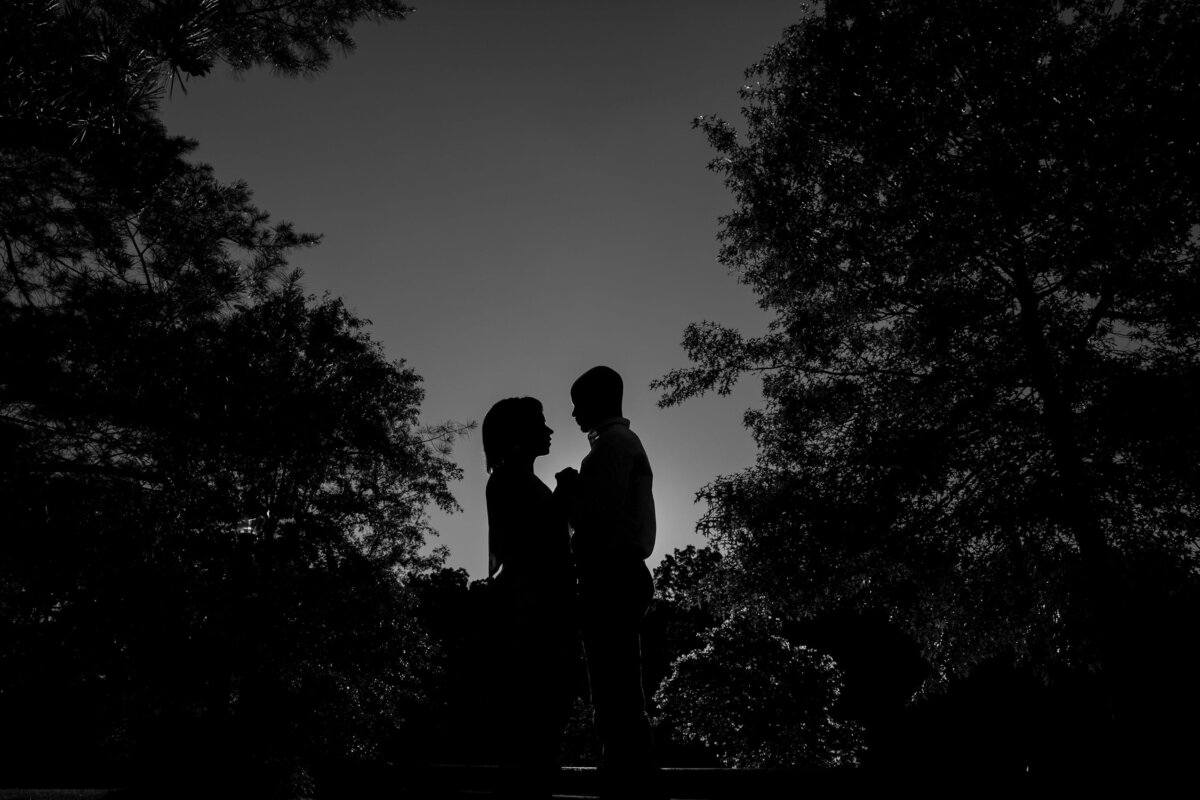 Couple in sunset silhouette during engagement photo at Sayen House and Gardens in Hamilton Township New Jersey
