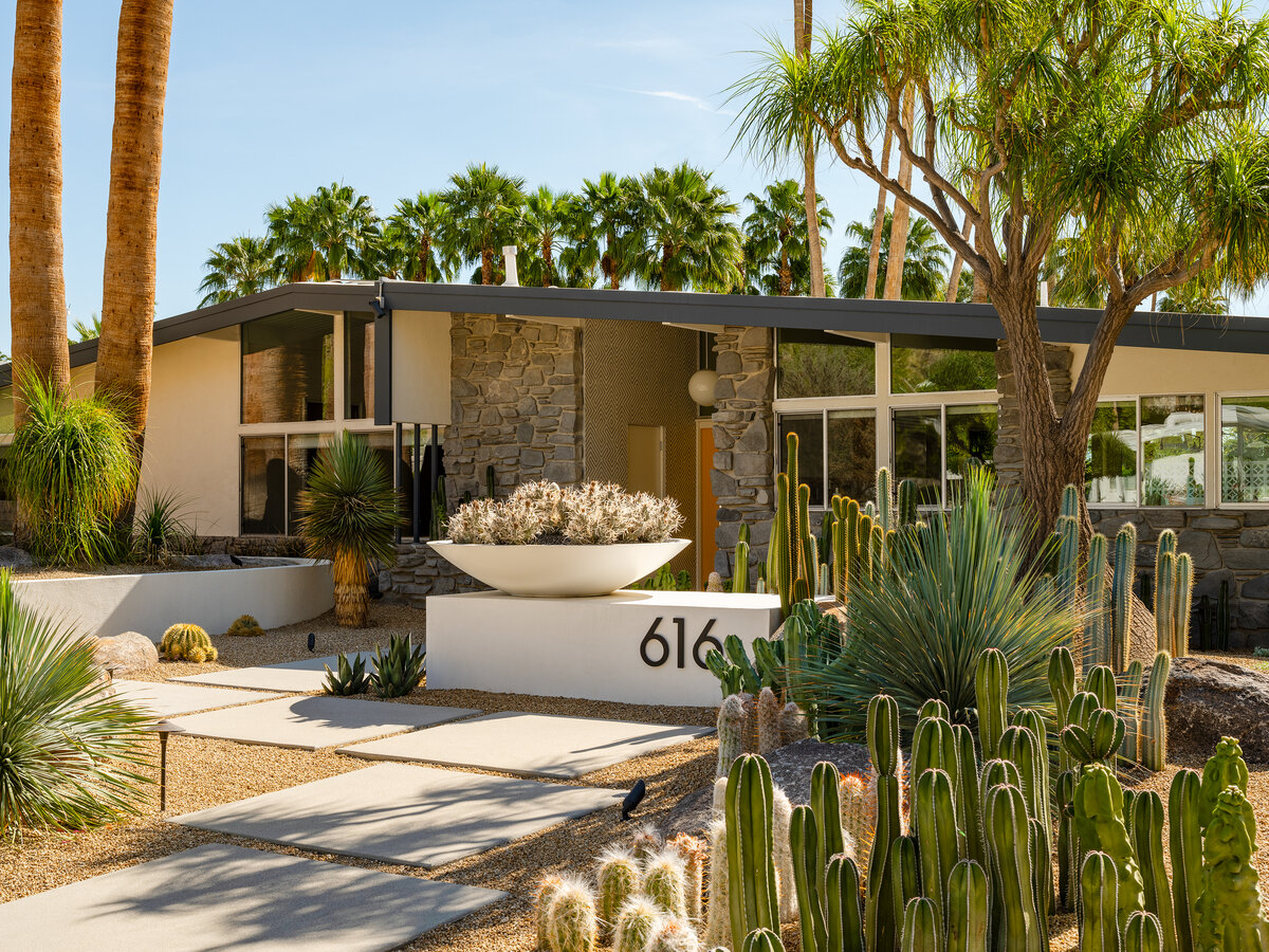 Modern front entry landscape designed with large succulent planter, palm trees, cactus and agave .