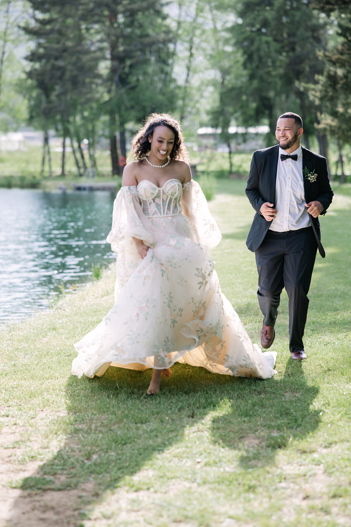 laughing bride and groom