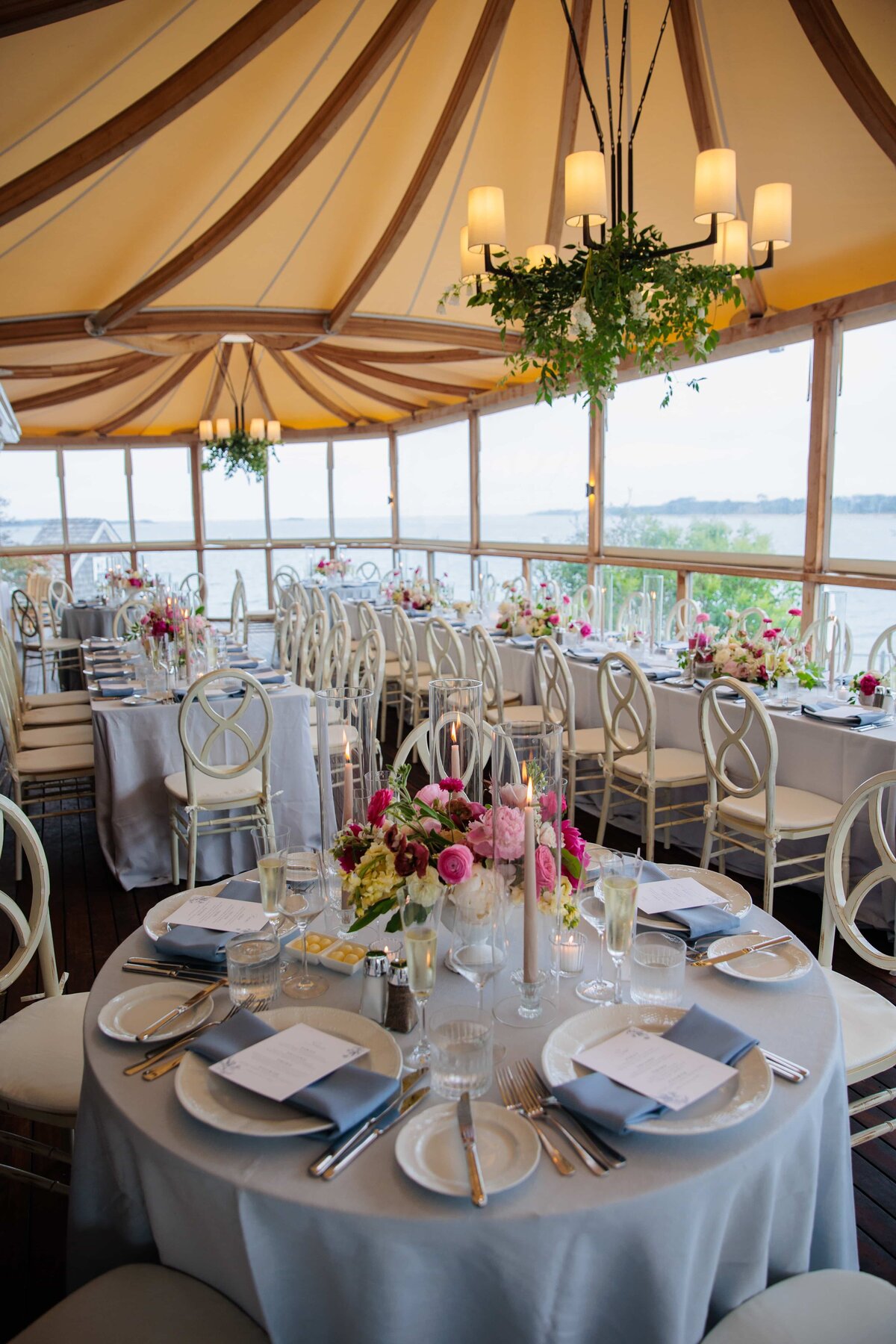 Pink and Blue Cape Cod Wedding Reception Setup