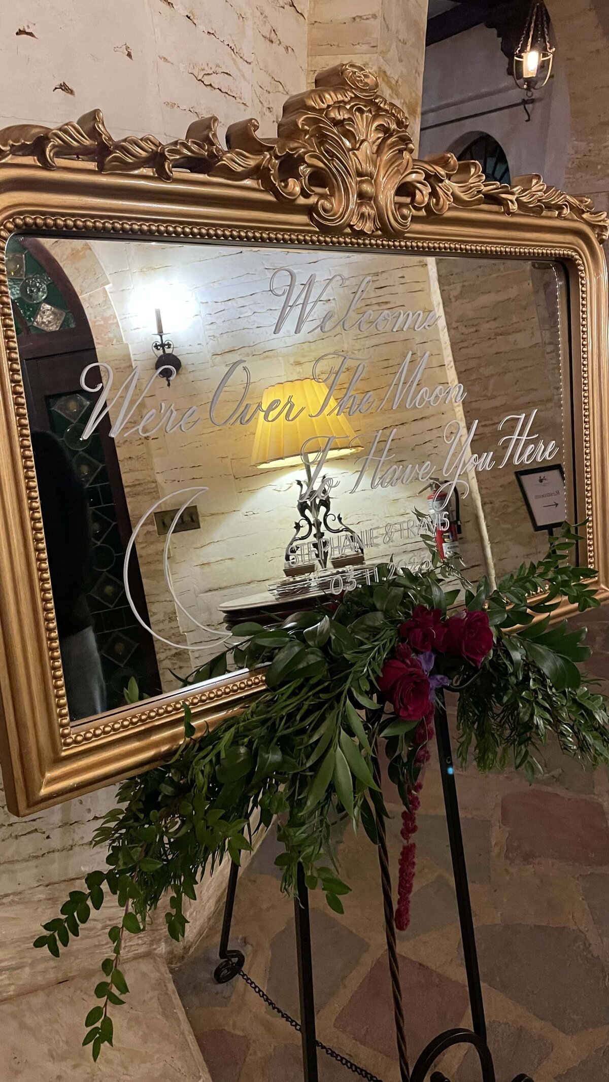 Medium horizontal mirror with ornate ornament on top with calligraphy for welcome sign
