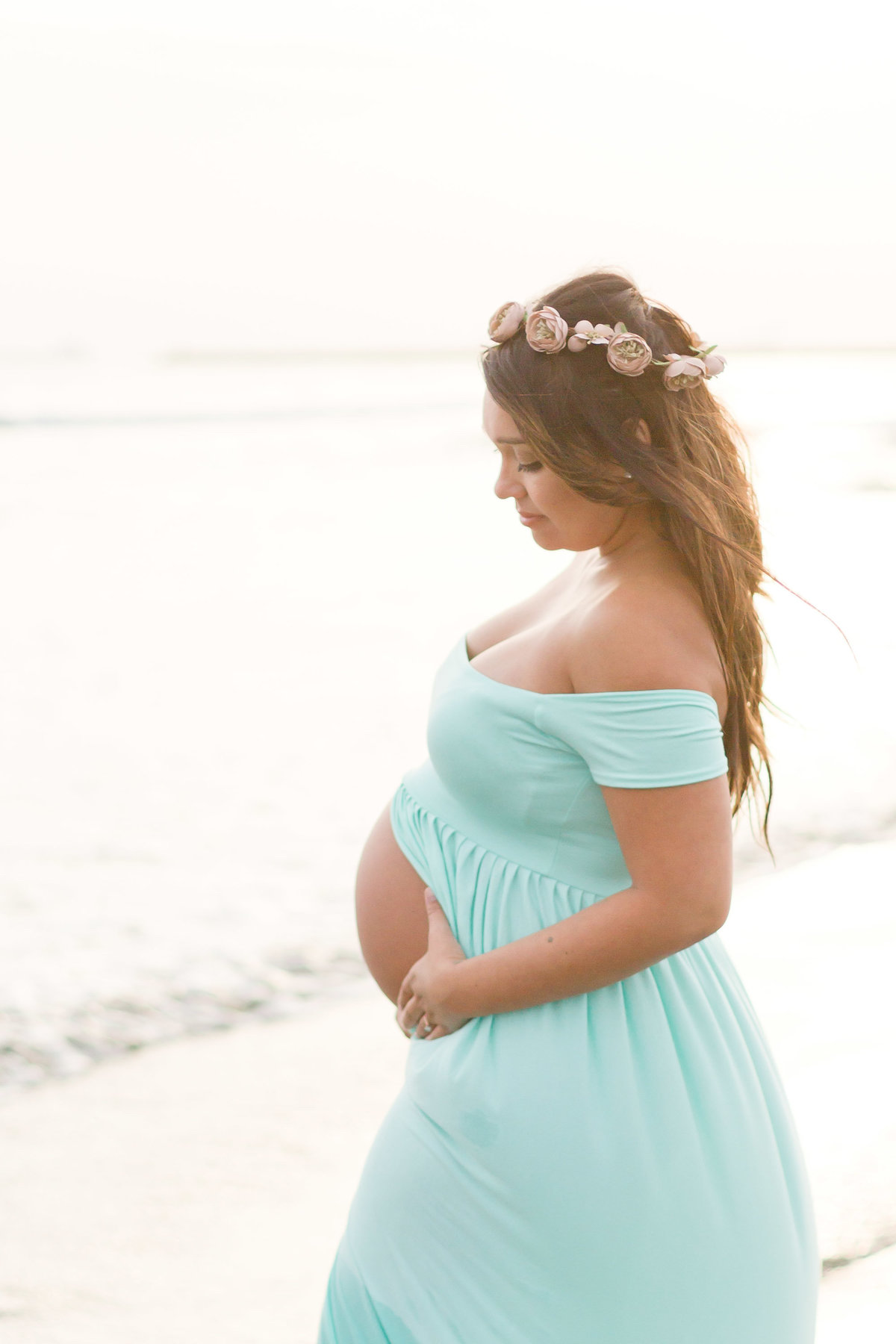 seal beach, maternity portraits, mint green, flower crown, pregnant, portrait