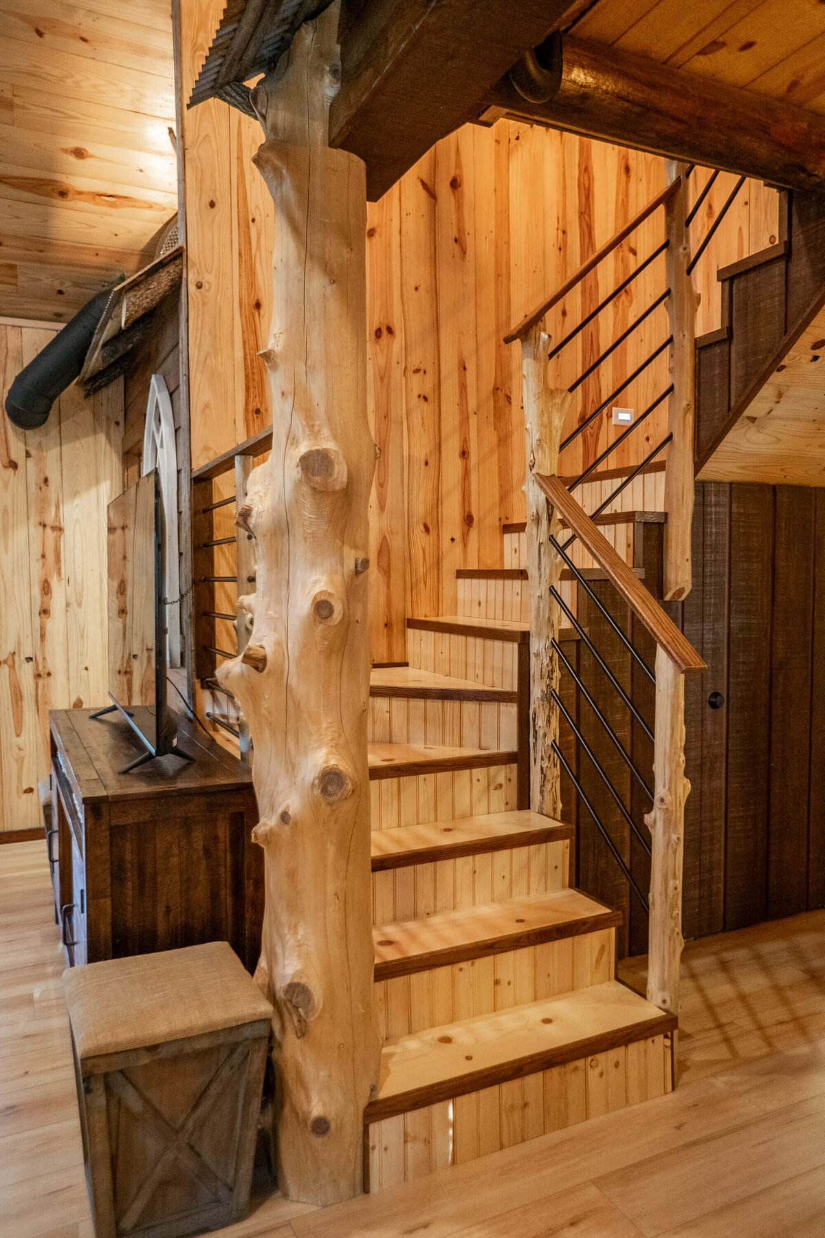 Handmade stair details inside Big Timber Lodge near Wolf Pen Gap