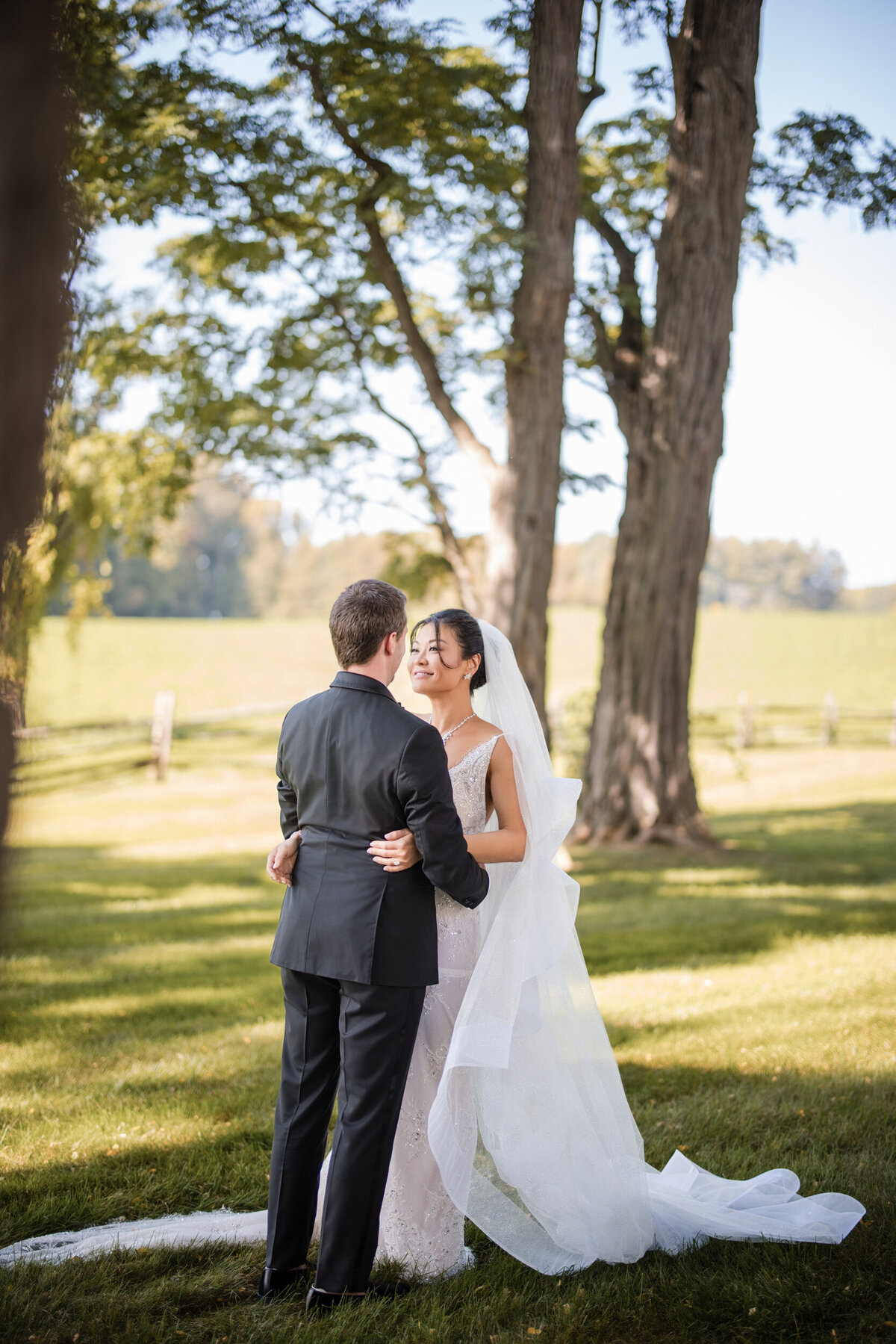 A bride and groom share a first look at a destination wedding in Vermont