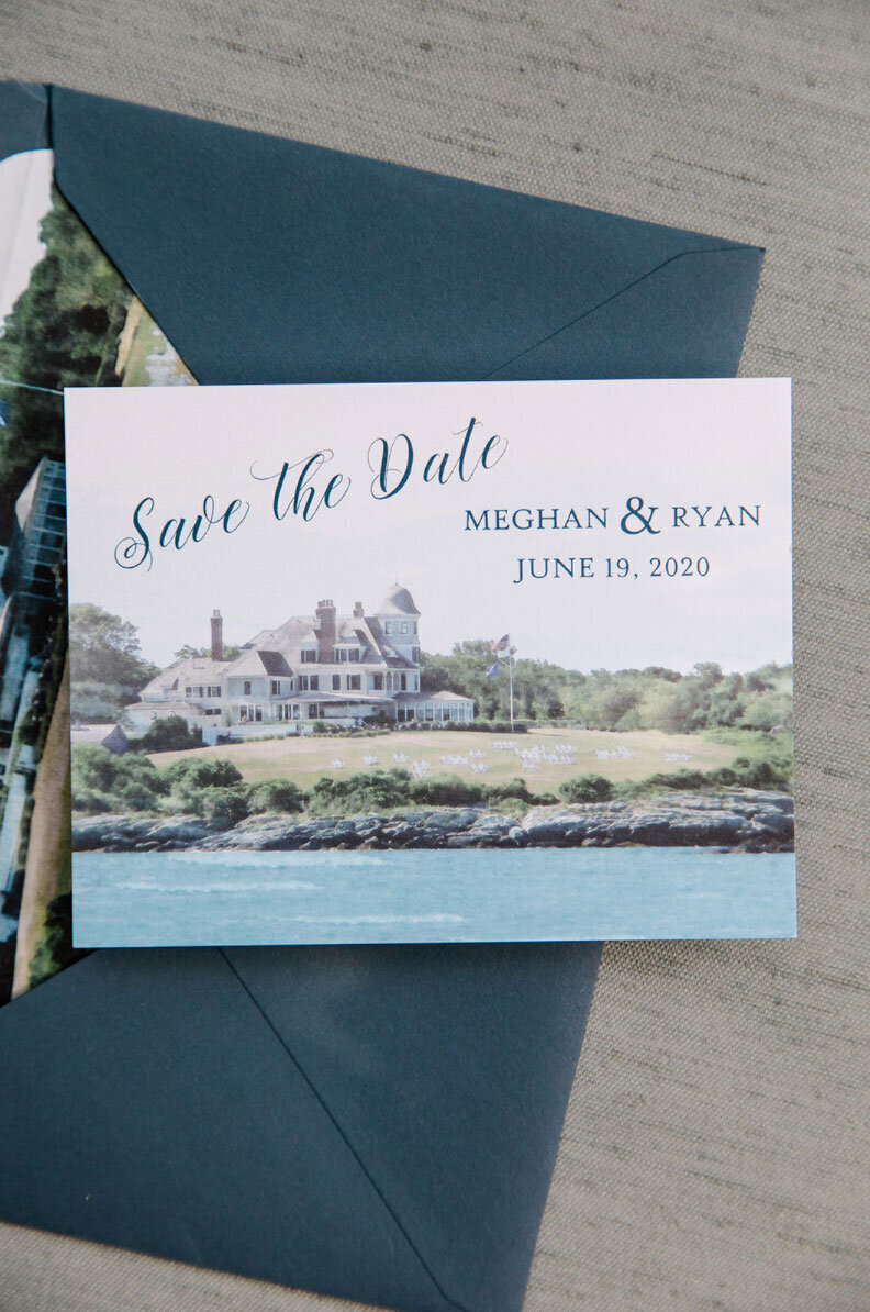 Castle hill Inn Save the date on top of navy blue envelope with envelope liner
