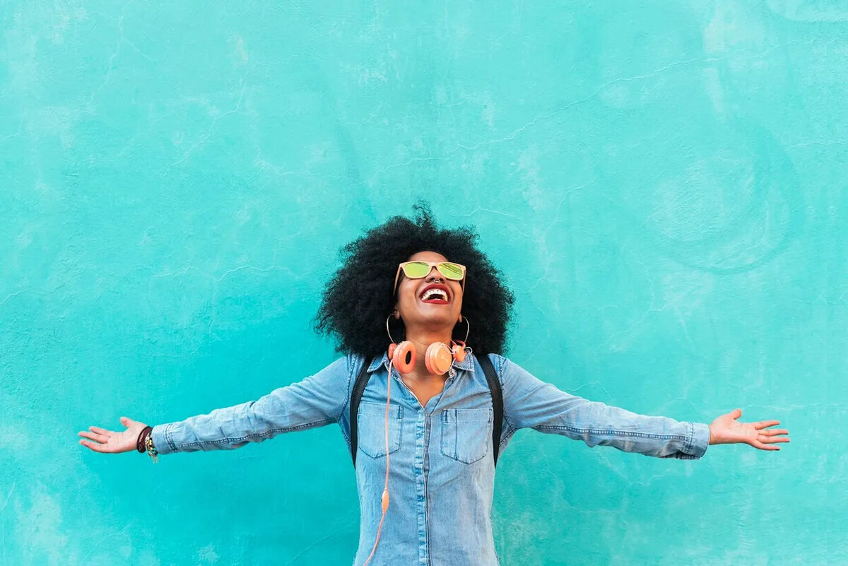 Happy Black Woman Turq Background