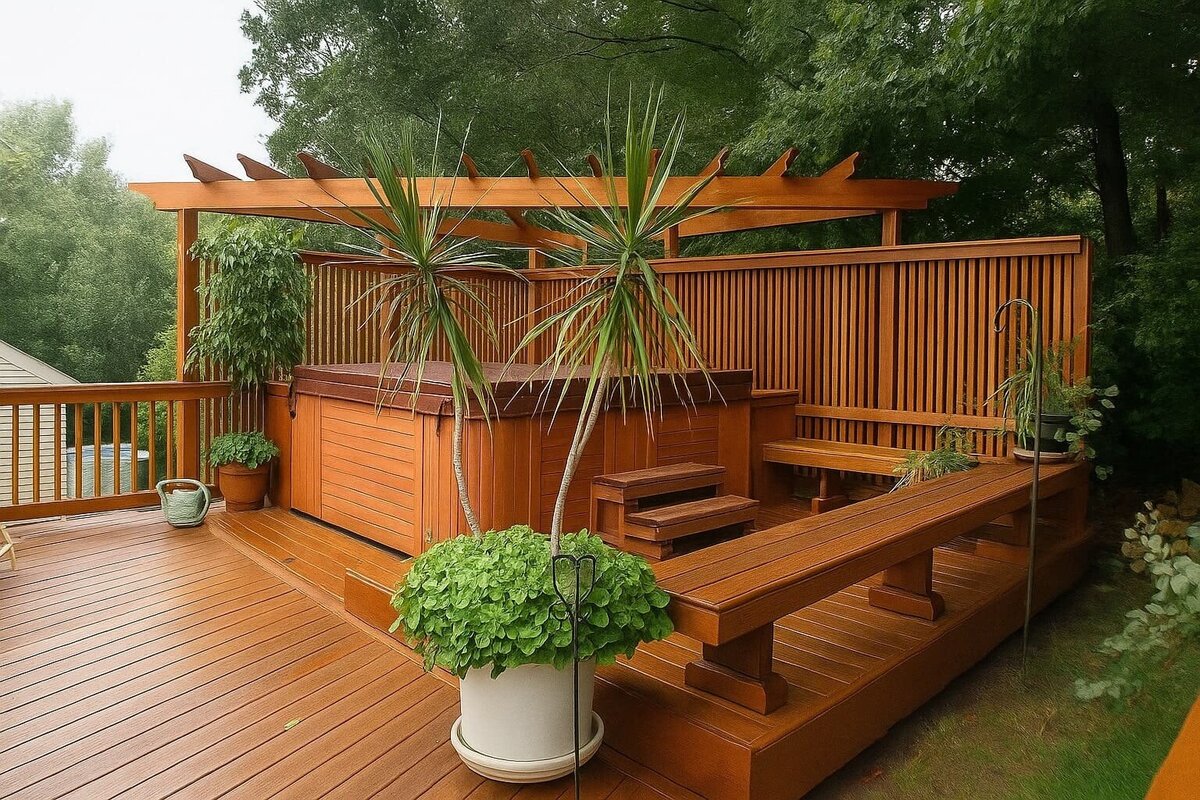 Custom cedar deck featuring raised hot tub area and slatted wood screen.