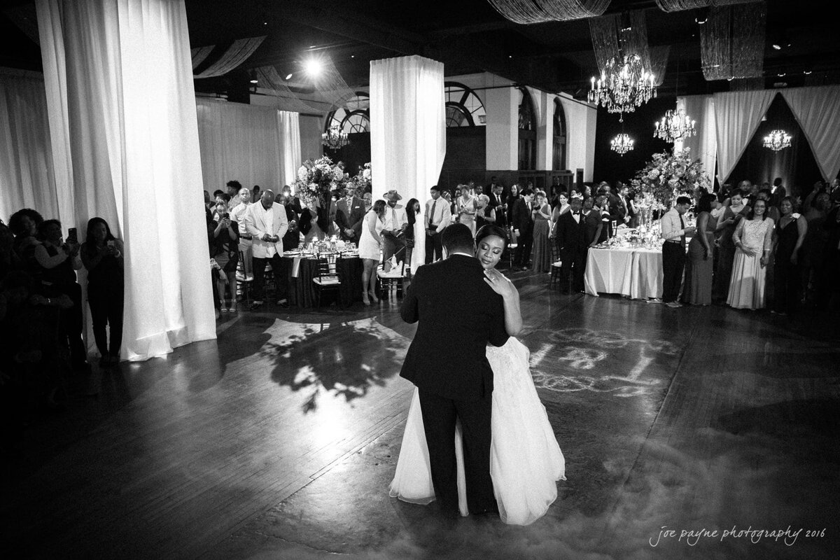 A wedding couple during their first dance.